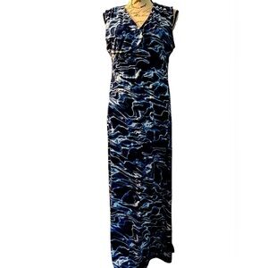 CHICO’S Maxi knit dress size 1, blue pattern, sleeveless, faux wrap bodice.